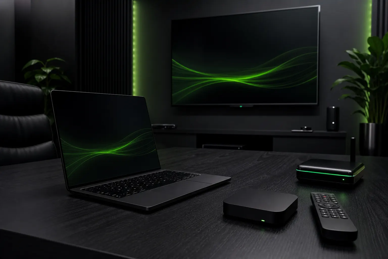 Mesa moderna com Smart TV, TV Box e equipamentos de tecnologia IPTV
